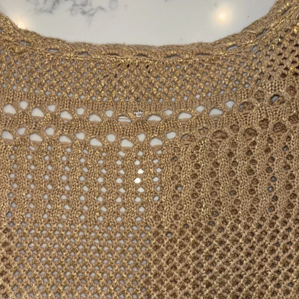 Cache Gold Metallic Short Sleeve Cardigan Size Large 100% Cotton Crochet EUC - Picture 7 of 7